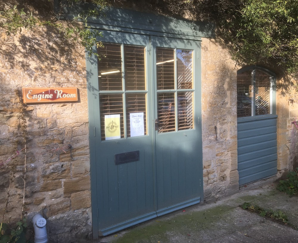 The Fret & Nut workshop door at Flax Drayton Farm, South Petherton
